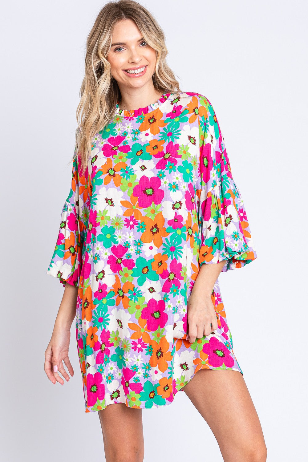 Hazel Blues® |  GeeGee Floral Round Neck Lantern Sleeve Mini Dress