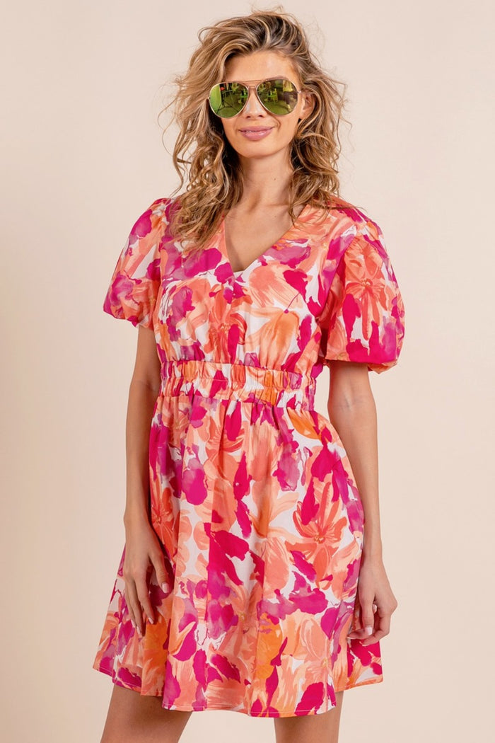 Hazel Blues® |  BiBi Floral V-Neck Puff Sleeve Mini Dress