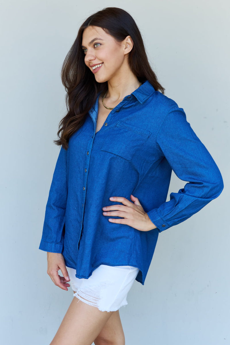 Hazel Blues® |  Doublju Blue Jean Baby Denim Button Down Shirt Top in Dark Blue