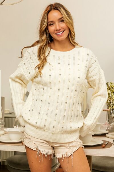 Hazel Blues® |  BiBi Pearl & Rhinestone Decor Long Sleeve Sweater