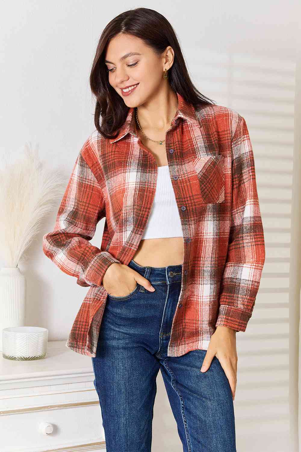 Hazel Blues® |  Double Take Plaid Collared Neck Long Sleeve Shirt