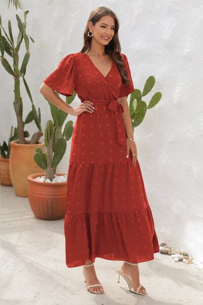 Hazel Blues® |  Swiss Dot Tied Surplice Short Sleeve Dress