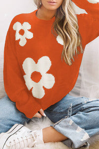 Hazel Blues® |  Round Neck Floral Pattern Color Contrast  Design Long Sleeve Sweater