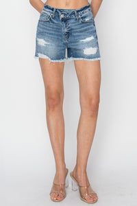 Hazel Blues® |  RISEN Stepped Waist Frayed Denim Shorts