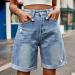 Hazel Blues® | Distressed Buttoned Denim Shorts with Pockets - Hazel Blues®