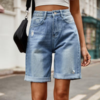 Hazel Blues® | Distressed Buttoned Denim Shorts with Pockets - Hazel Blues®