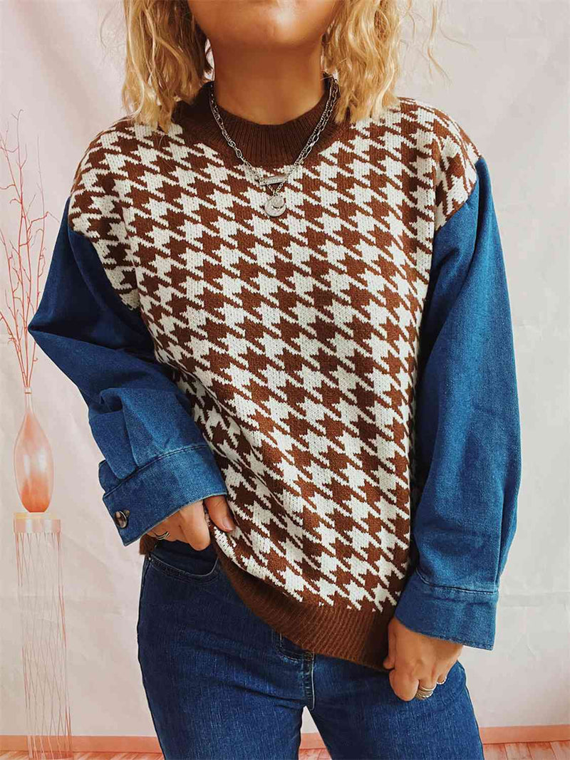 Hazel Blues® |  Houndstooth Denim Sleeve Sweater