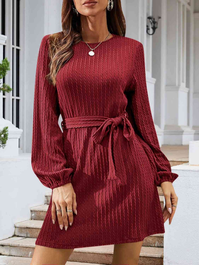 Hazel Blues® |  Round Neck Tie Front Long Sleeve Dress