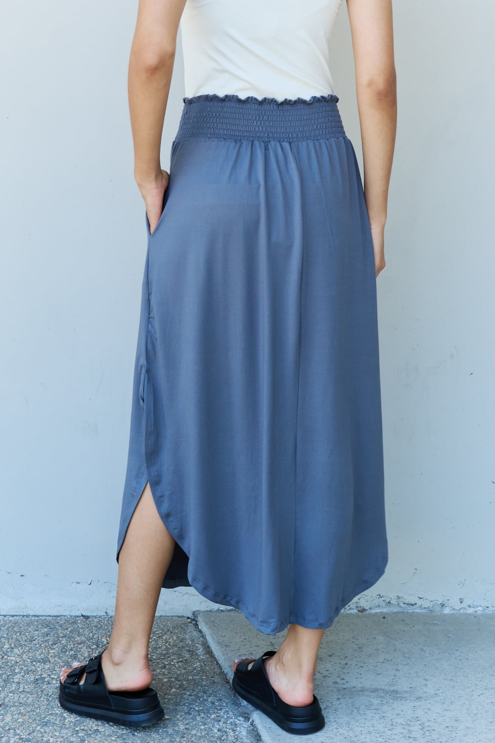 Hazel Blues® |  Doublju Comfort Princess High Waist Scoop Hem Maxi Skirt in Dusty Blue