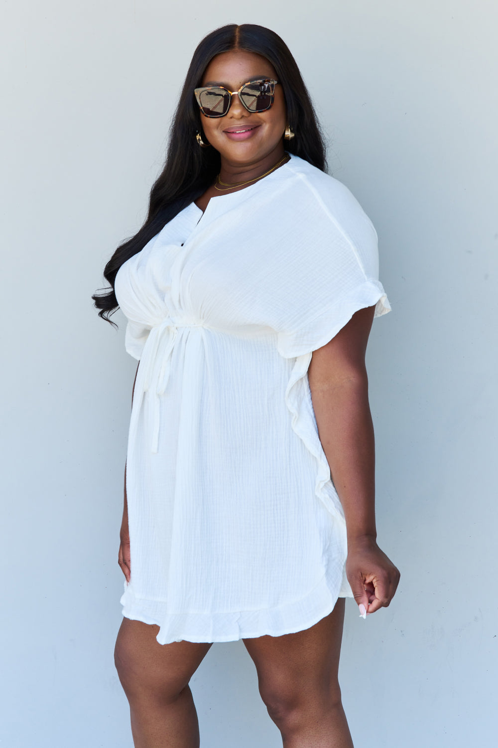 Hazel Blues® |  Ninexis Out Of Time Ruffle Hem Dress with Drawstring Waistband in White