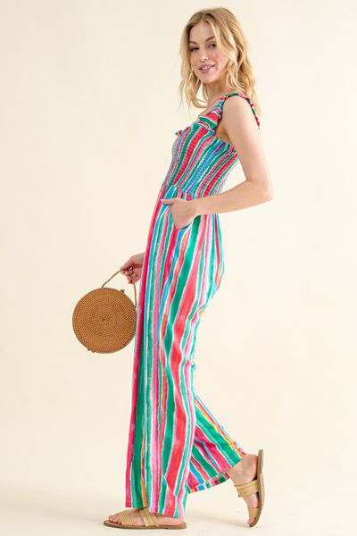 Hazel Blues® |  And The Why Striped Smocked Sleeveless Jumpsuit