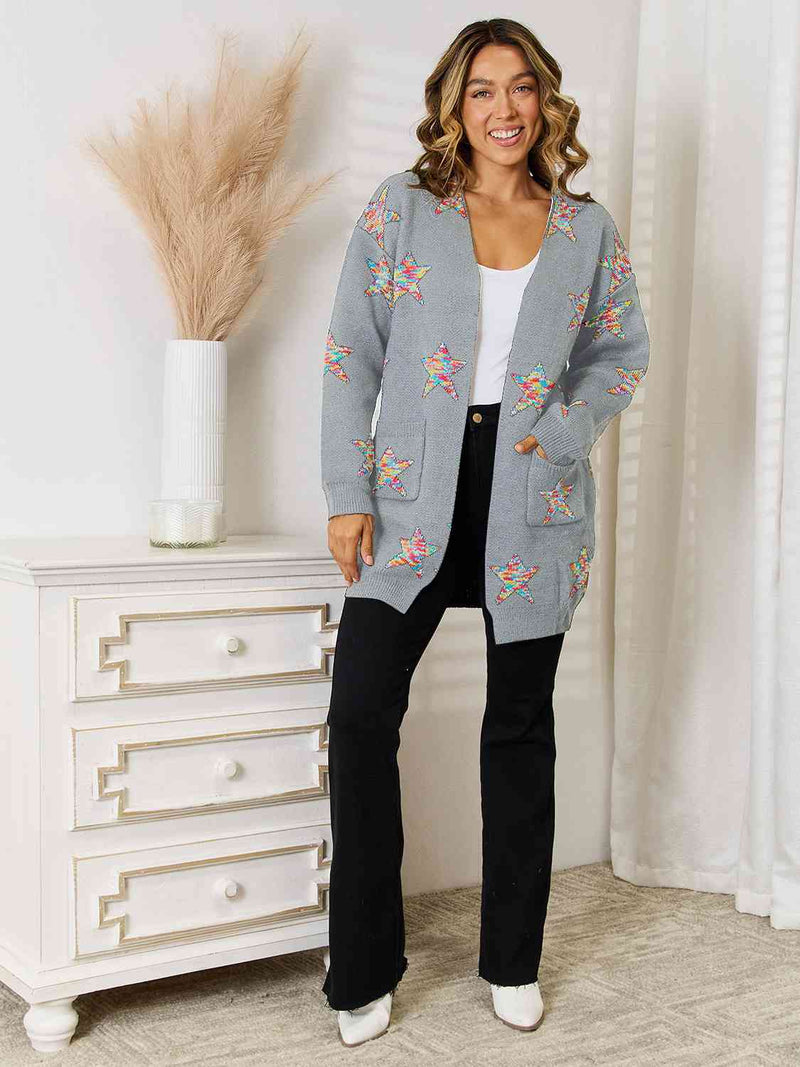 Hazel Blues® |  Star Pattern Open Front Cardigan with Pockets