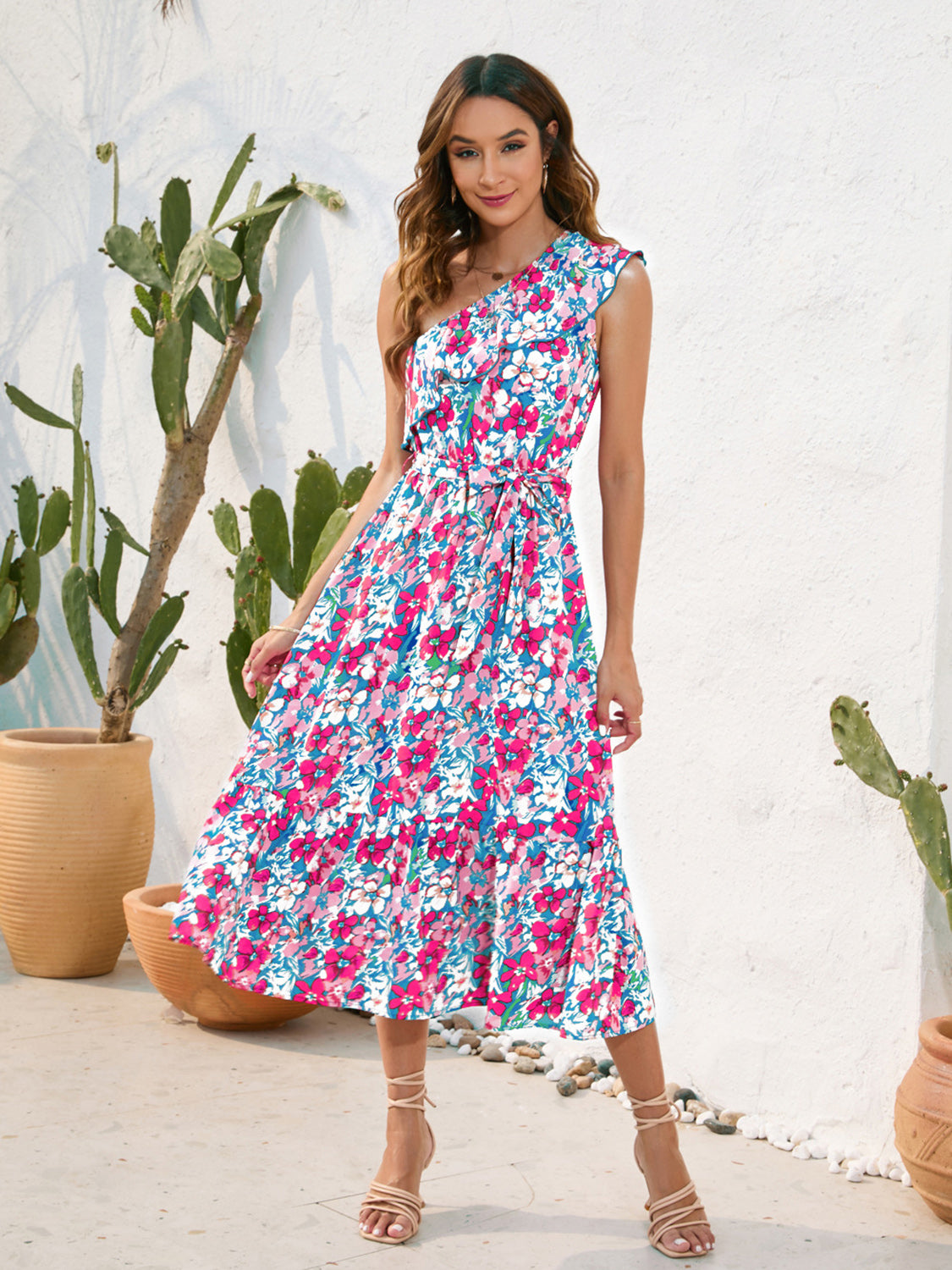 Hazel Blues® |  Ruffled Printed One Shoulder Midi Dress