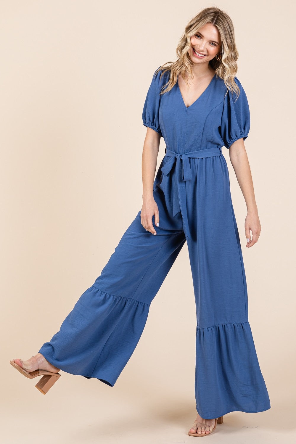 Hazel Blues® |  GeeGee V-Neck Belted Wide Leg Jumpsuit