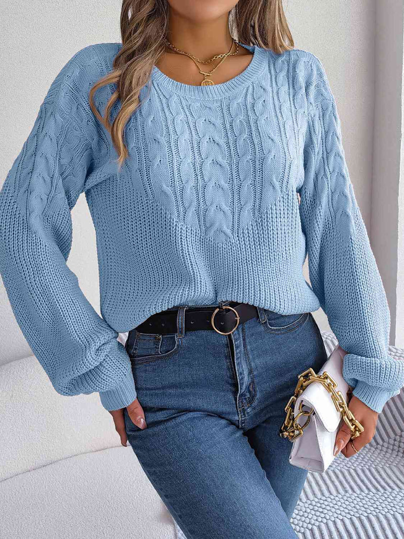 Hazel Blues® |  Cable-Knit Round Neck Drop Shoulder Sweater