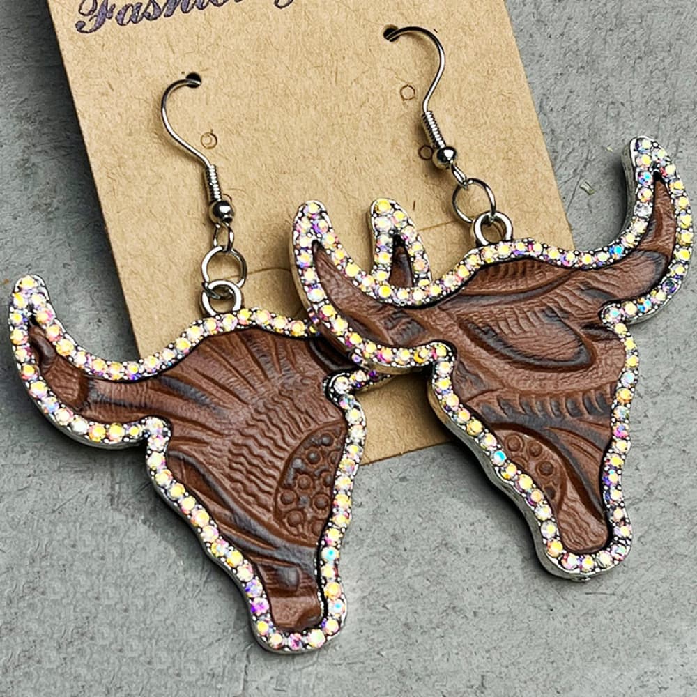 Hazel Blues® |  Rhinestone Trim Alloy Bull Earrings