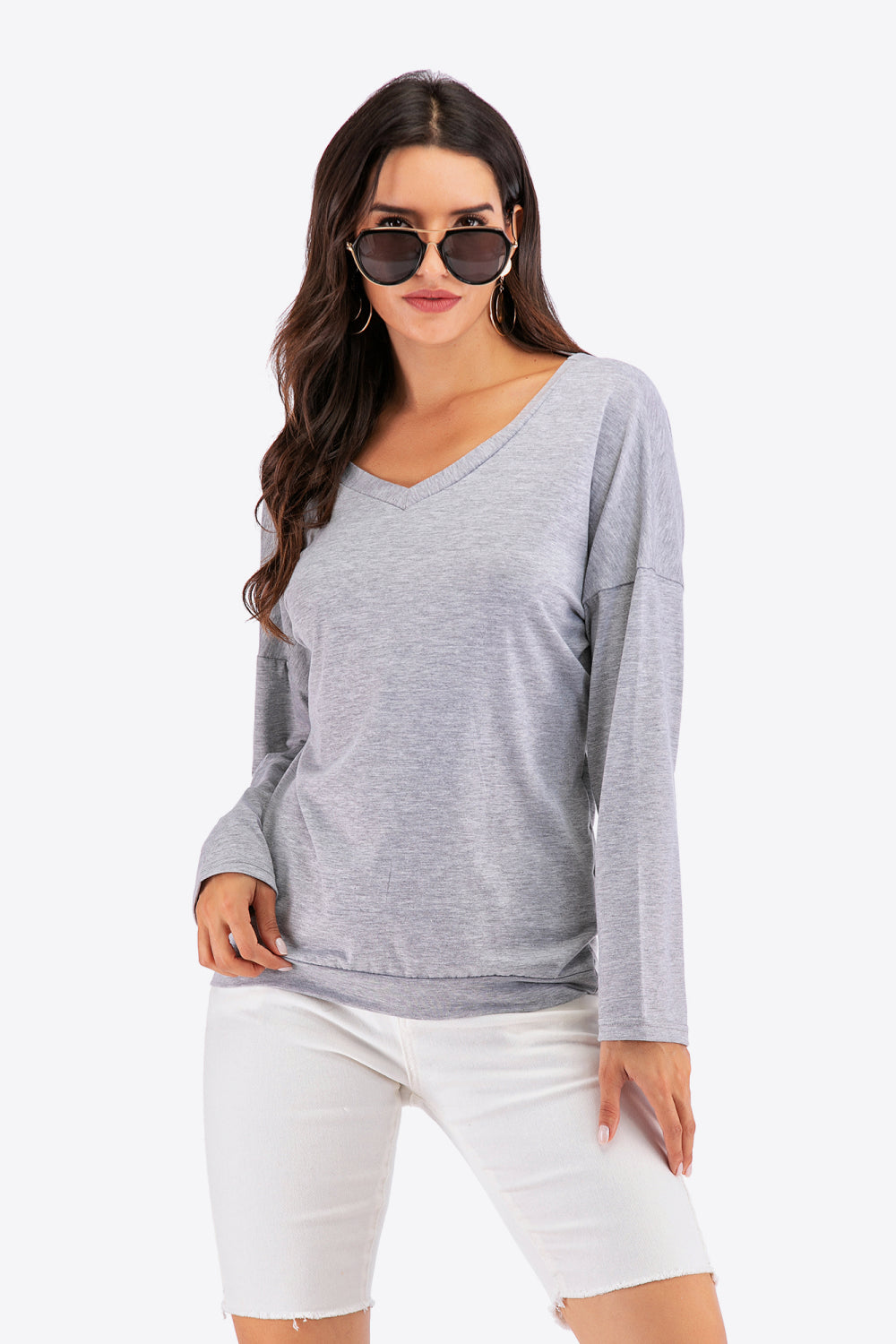Hazel Blues® |  V-Neck Drop Shoulder Open Back Sweatshirt
