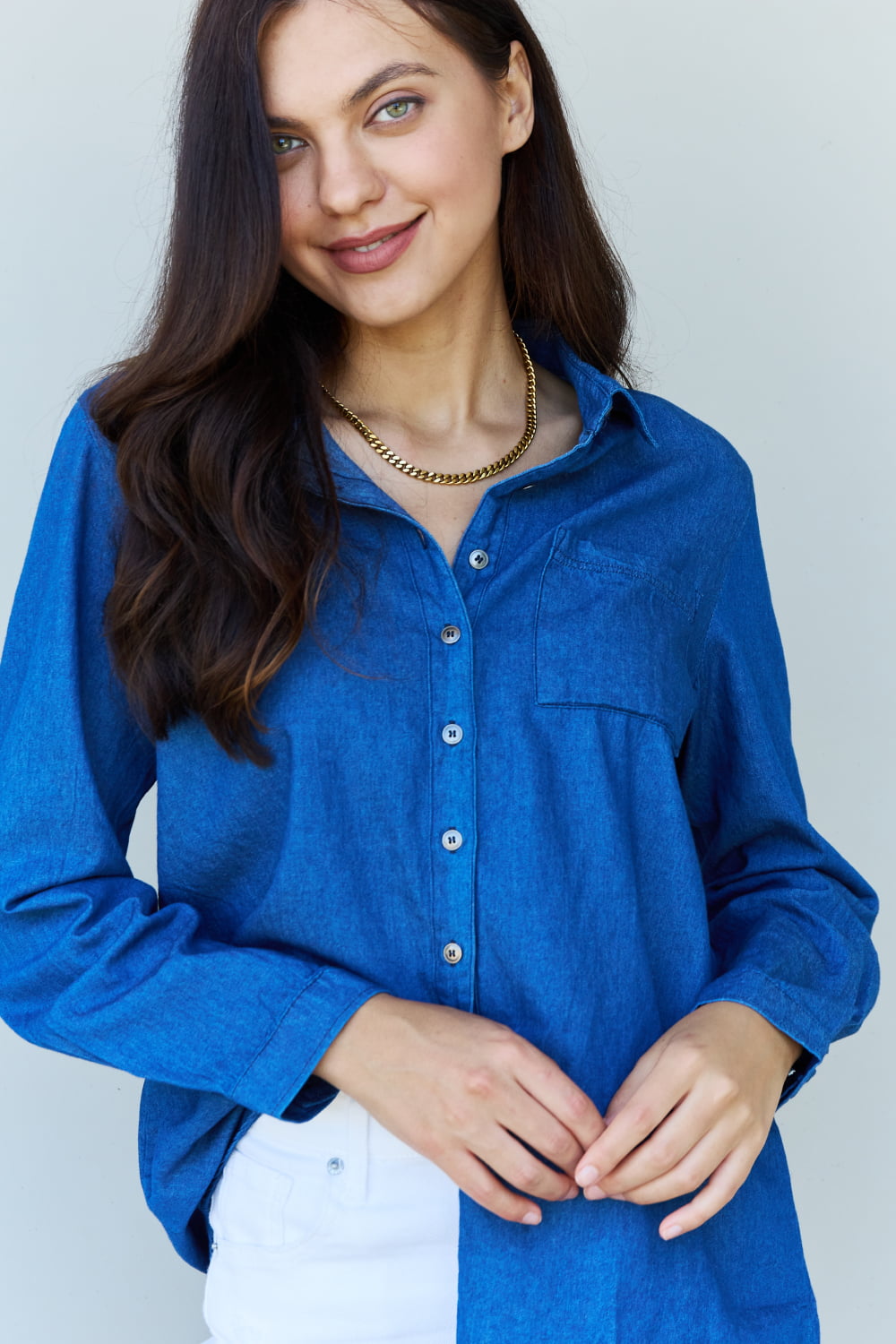 Hazel Blues® |  Doublju Blue Jean Baby Denim Button Down Shirt Top in Dark Blue