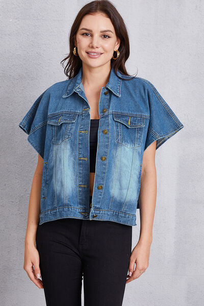 Hazel Blues® |  Pocketed Button Up Short Sleeve Denim Top