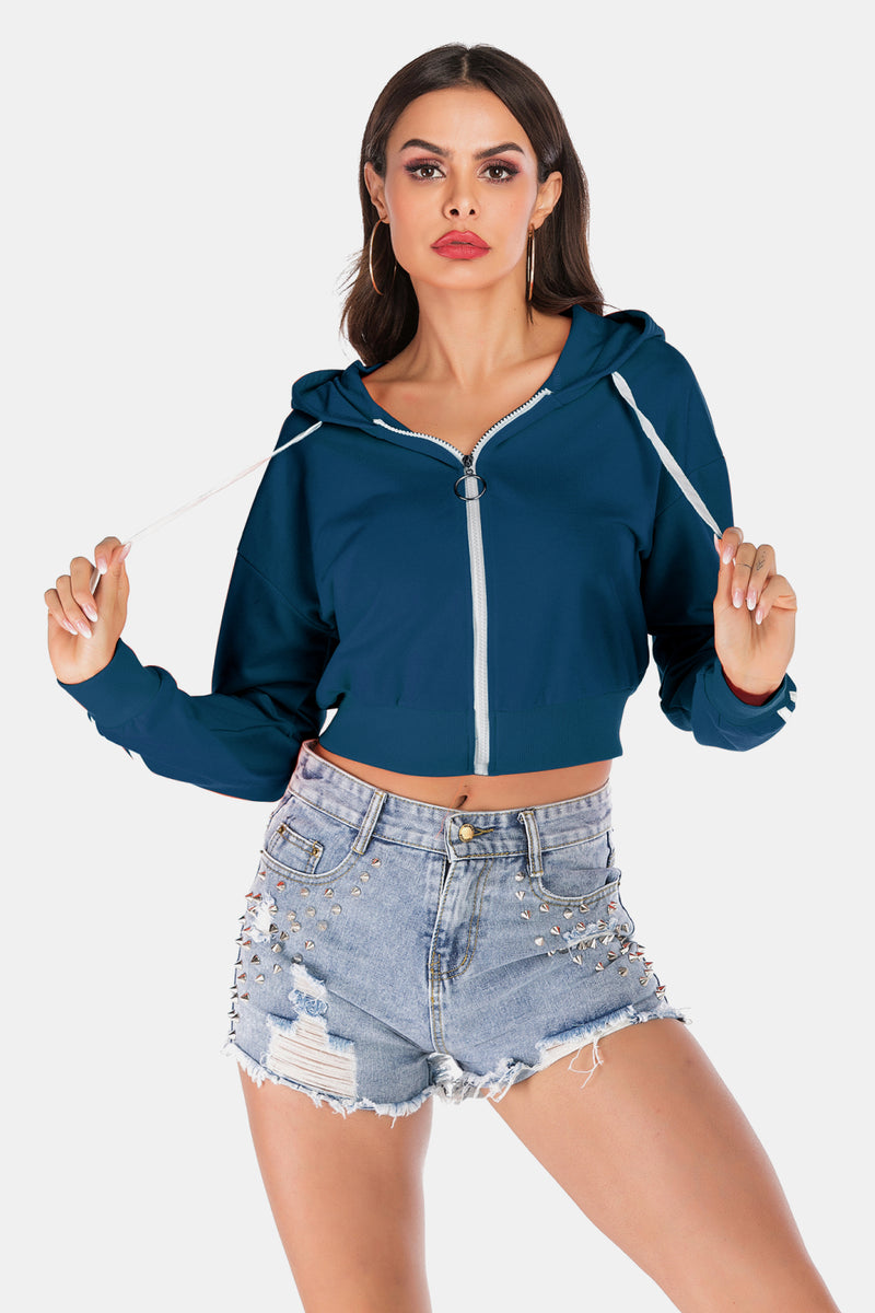 Hazel Blues® |  Side Stripe Drawstring Cropped Hooded Jacket