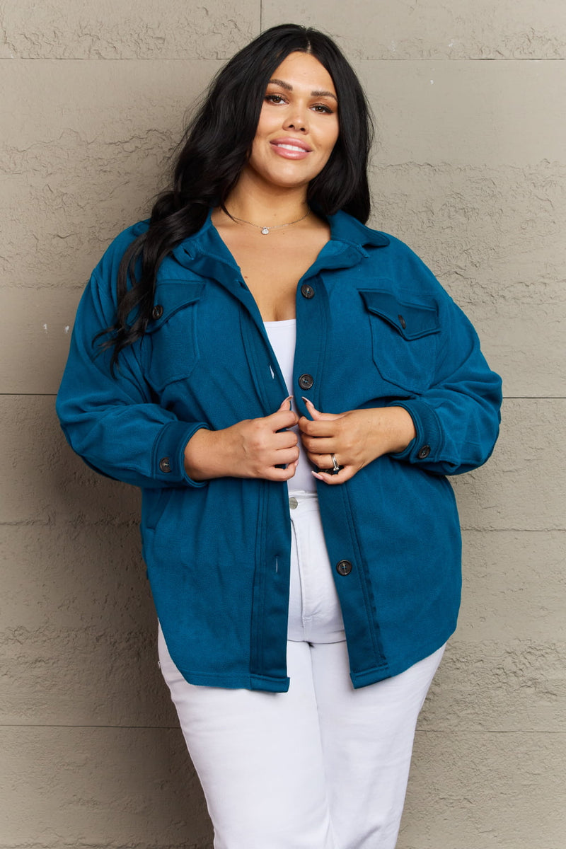 Hazel Blues® |  Cozy in the Cabin Fleece Elbow Patch Shacket in Teal