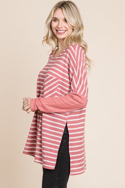 Hazel Blues® |  Culture Code Oversize Striped Round Neck Long Sleeve Slit T-Shirt