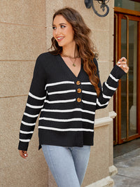 Hazel Blues® |  V-Neck Striped Dropped Shoulder Sweater