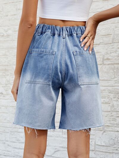 Hazel Blues® |  Buttoned Raw Hem Denim Shorts with Pockets