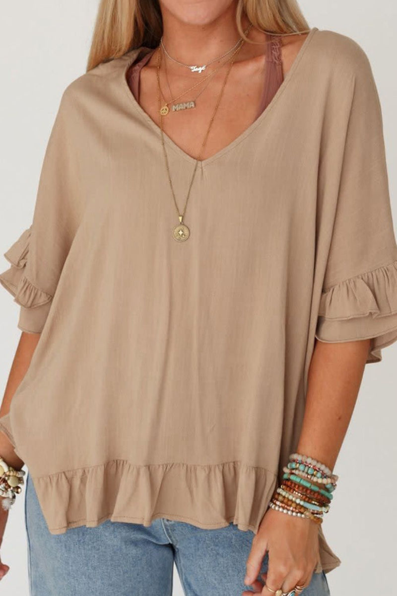 Hazel Blues® |  Ruffled V-Neck Half Sleeve Blouse