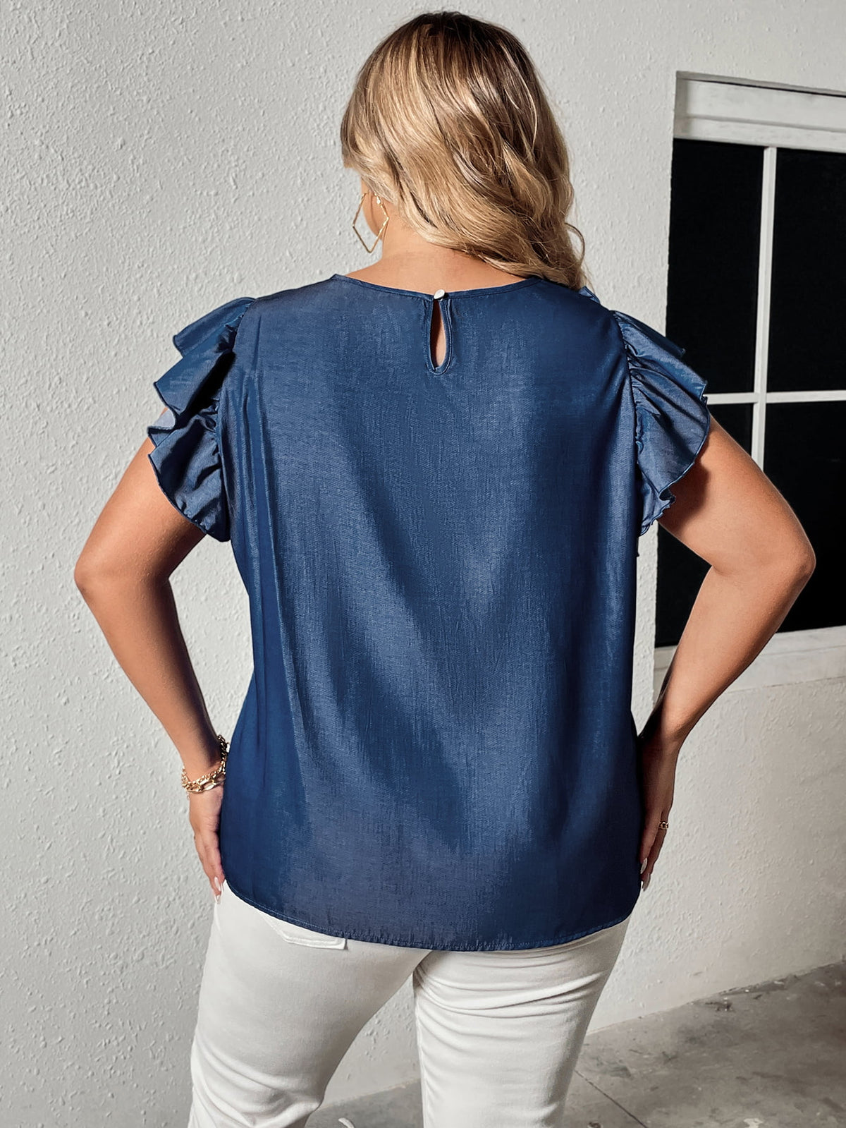 Hazel Blues® | Round Neck Flounce Sleeve Frill Trim Blouse