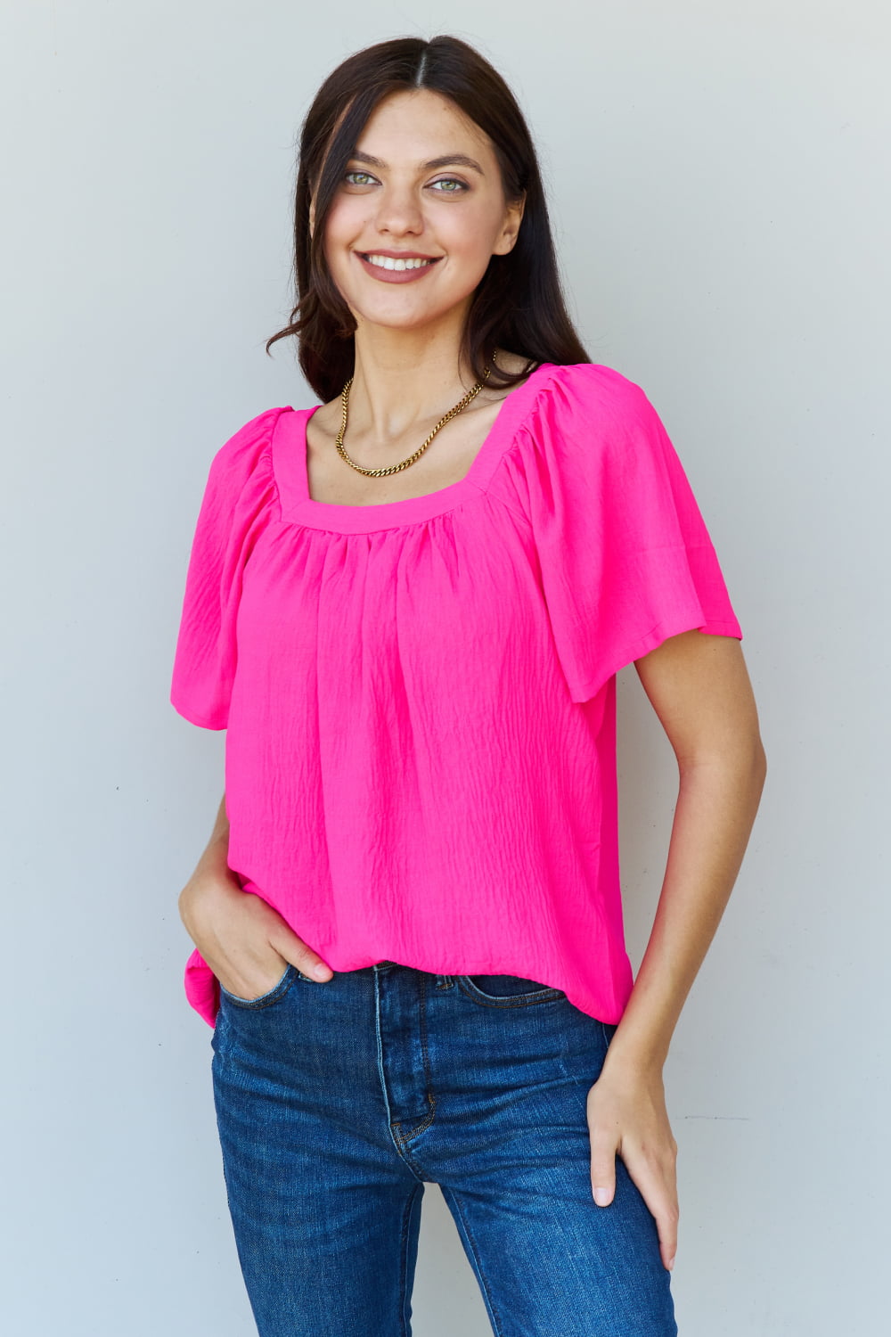 Hazel Blues® |  Keep Me Close Square Neck Short Sleeve Blouse in Fuchsia