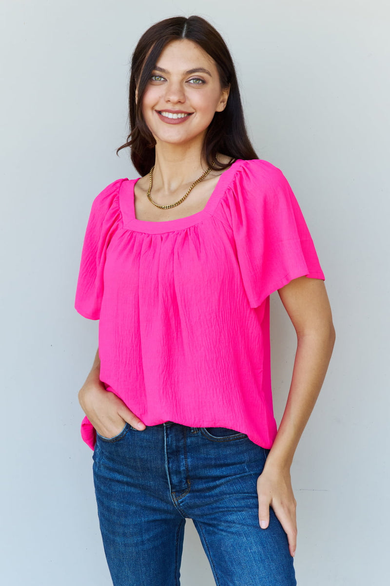 Hazel Blues® |  Keep Me Close Square Neck Short Sleeve Blouse in Fuchsia