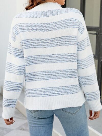 Hazel Blues® |  Striped Mock Neck Dropped Shoulder Sweater