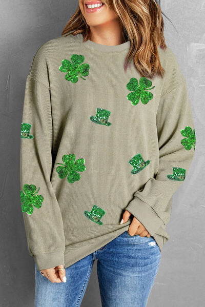 Hazel Blues® |  Lucky Clover Sequin Round Neck Sweatshirt