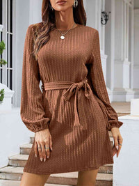 Hazel Blues® |  Round Neck Tie Front Long Sleeve Dress