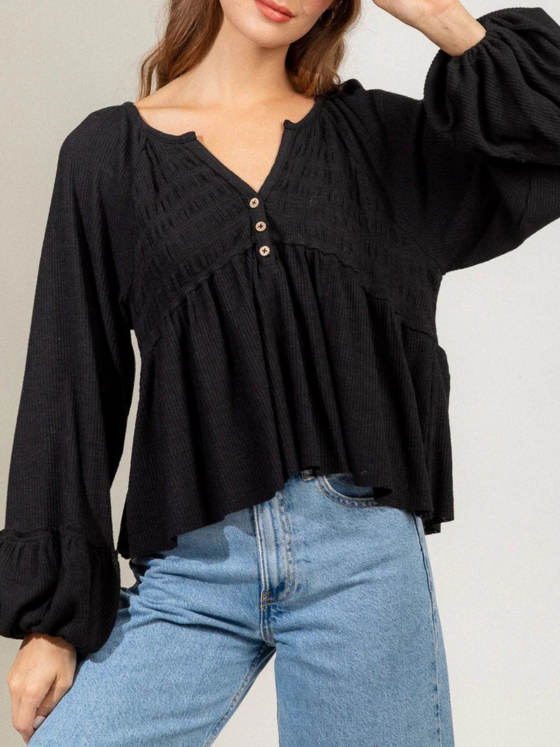 Hazel Blues® |  Notched Balloon Sleeve Peplum Blouse
