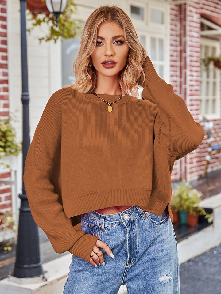 Hazel Blues® |  Dropped Shoulder Round Neck Long Sleeve Knit Top