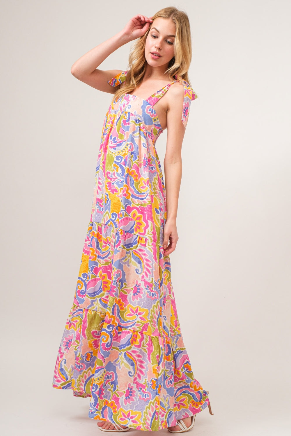Hazel Blues® |  And The Why Printed Tie Shoulder Tiered Maxi Dress