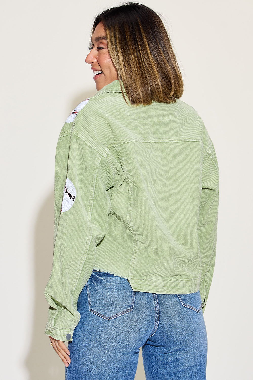 Hazel Blues® |  Baseball Sequin Dropped Shoulder Raw Hem Jacket