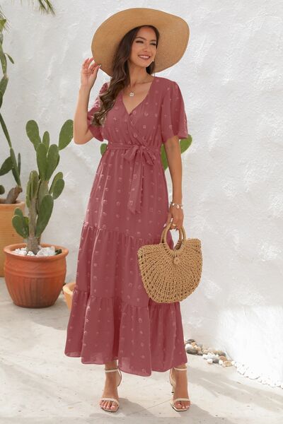 Hazel Blues® |  Swiss Dot Tied Surplice Short Sleeve Dress