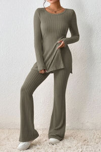 Hazel Blues® |  Ribbed Long Sleeve Slit Top and Bootcut Pants Set