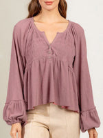 Hazel Blues® |  Notched Balloon Sleeve Peplum Blouse