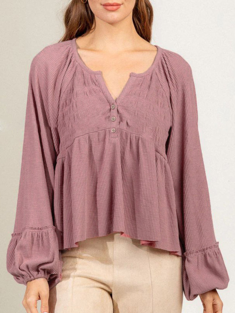 Hazel Blues® |  Notched Balloon Sleeve Peplum Blouse
