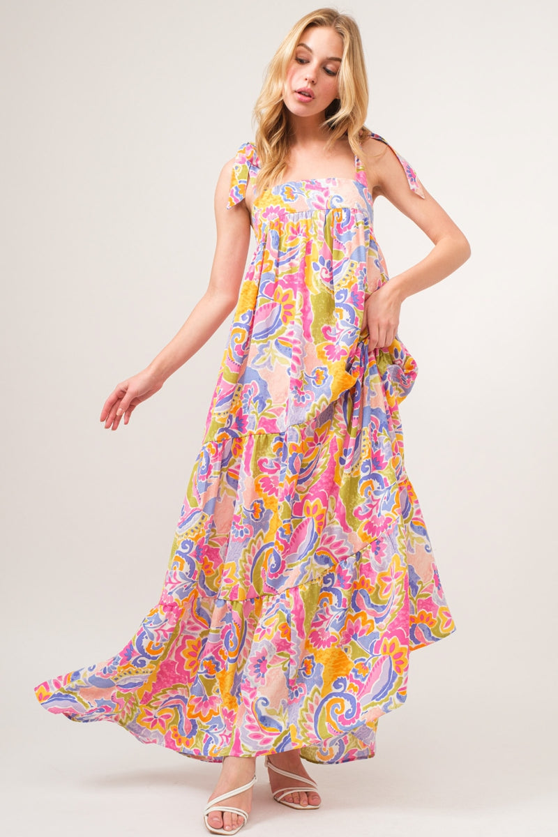 Hazel Blues® |  And The Why Printed Tie Shoulder Tiered Maxi Dress