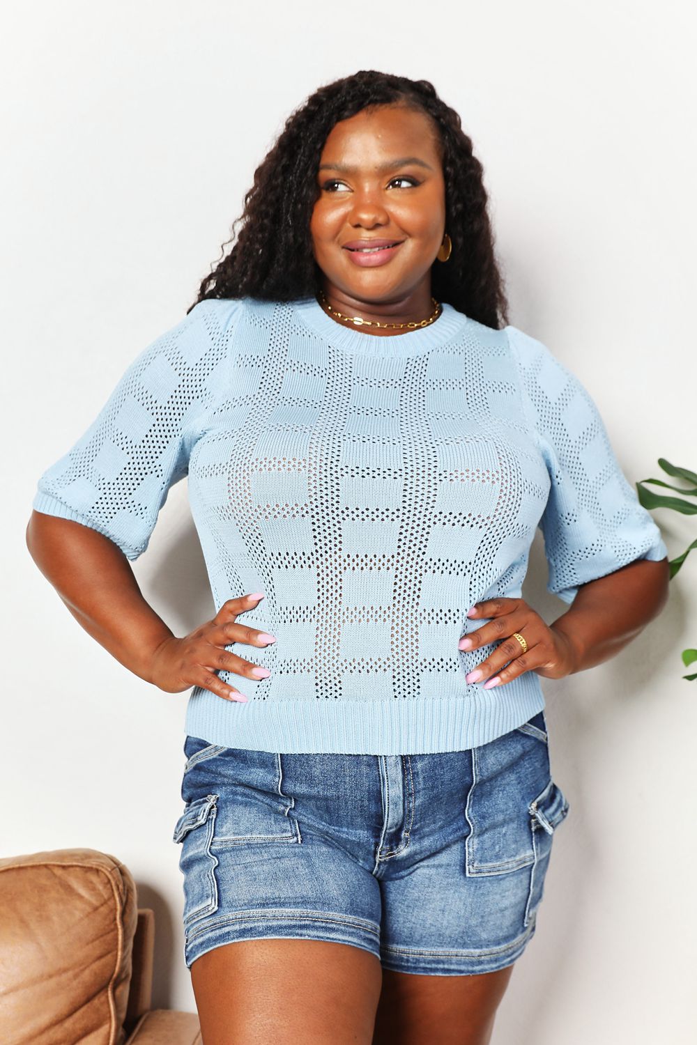 Hazel Blues® |  Double Take Ribbed Trim Round Neck Knit Top