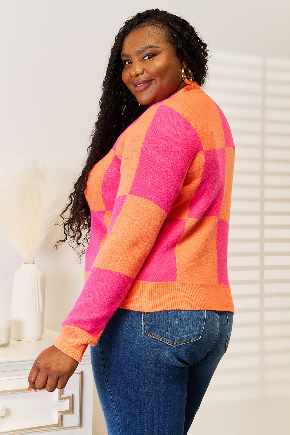 Hazel Blues® |  Woven Right Checkered V-Neck Dropped Shoulder Cardigan