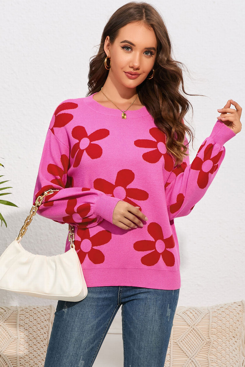 Hazel Blues® |  Floral Print Round Neck Dropped Shoulder Sweater