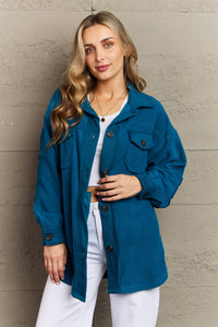 Hazel Blues® |  Cozy in the Cabin Fleece Elbow Patch Shacket in Teal