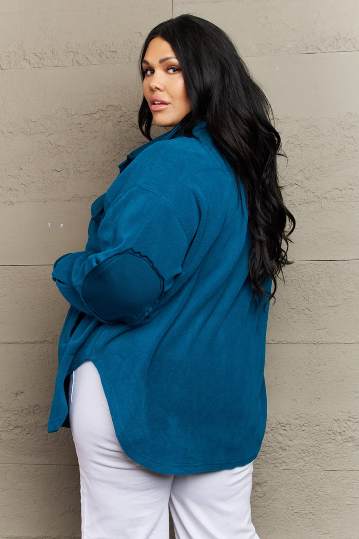 Hazel Blues® |  Cozy in the Cabin Fleece Elbow Patch Shacket in Teal