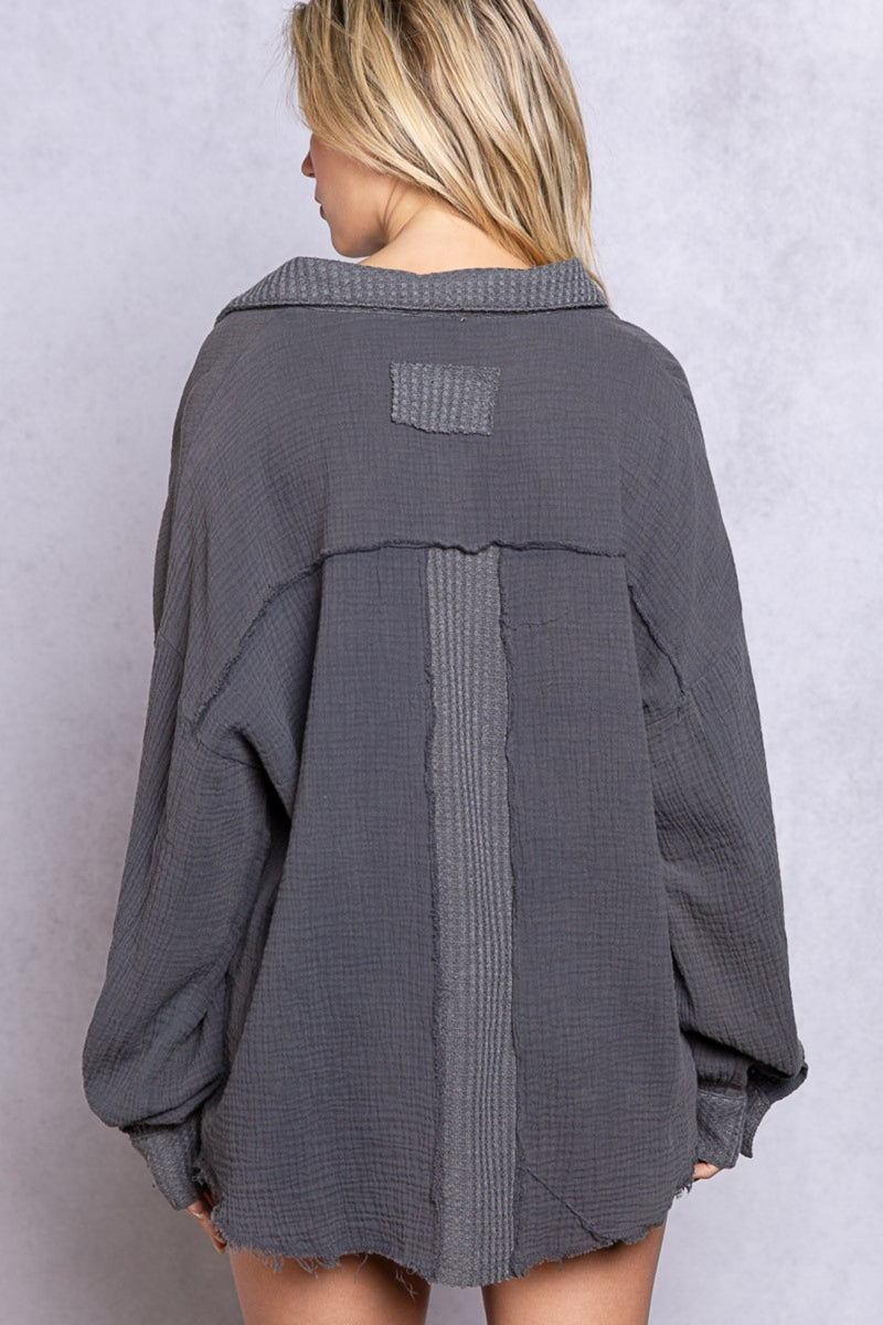 Hazel Blues® |  POL Texture Half Button Long Sleeve Top